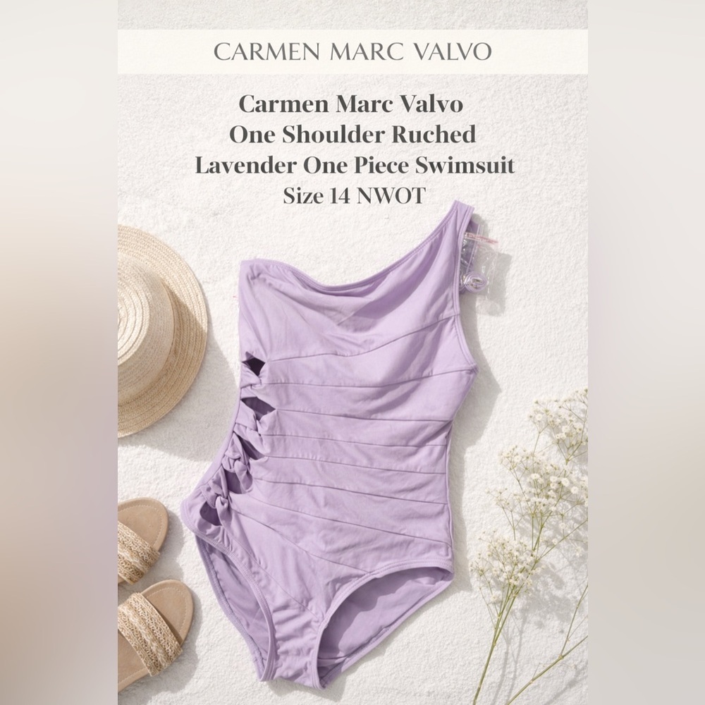 Carmen Marc Valvo One Shoulder Ruched Lavender One Piece Swimsuit Size 14 NWOT